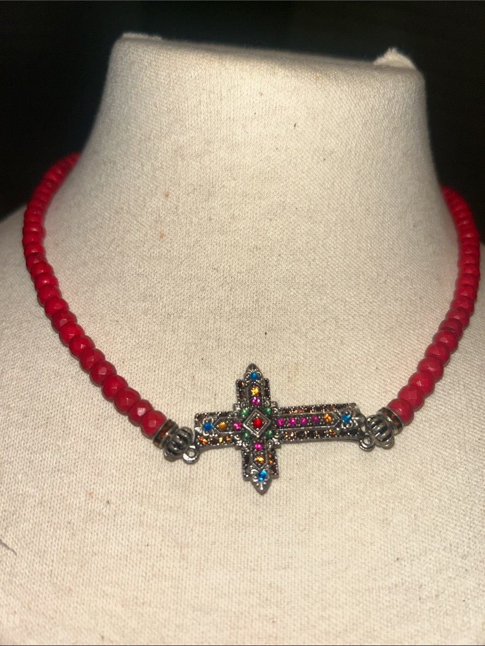 F.A.I.T.H.❤️NWT Red Beaded Sideways Cross Necklace Multicolor Crystal Accent 16”